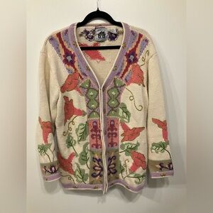 Storybook Knits Multicolor Hand knit Leaf print  Cottage Core Cardigan Sz L